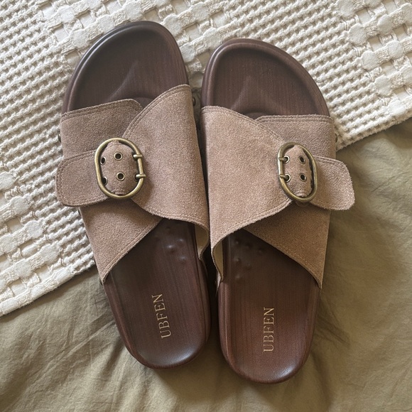 Women's Tan Suede Slide Sandals - Picture 1 of 5